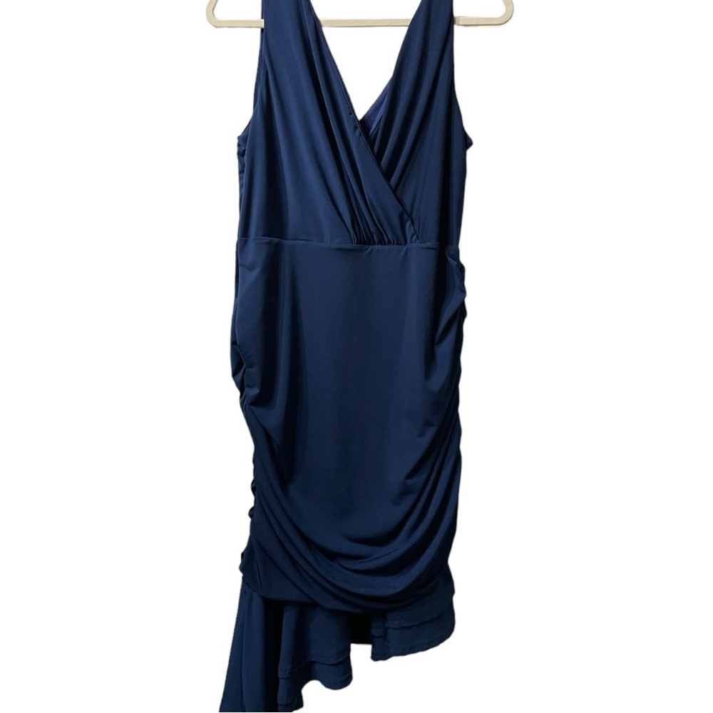 Grace Karin Feminine Ruched Stretch Navy Blue V-Neck Dress size XL